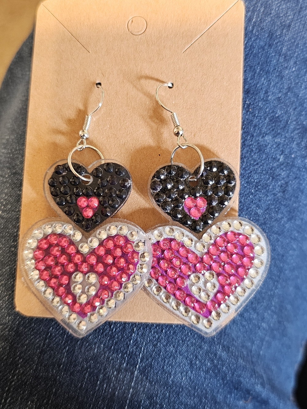 Rhinestone Heart Drop Earrings - Pink & Black